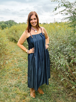 Denim Midi Dress with Faux Leather Shoulder Straps
