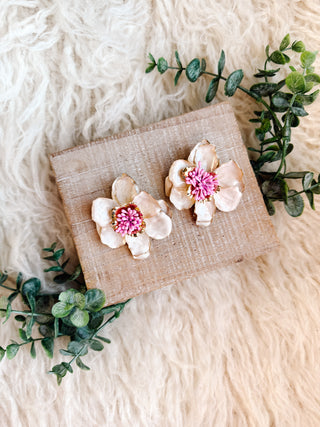 Blossom Statement Earrings by Linny Co - White Flower with Pink Center and Gold Accents