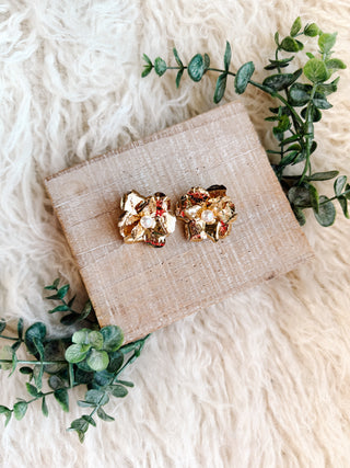 Bridget Gold Flower Statement Earrings by Linny Co - Gold Flower Petals and Pearl Center