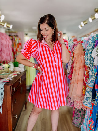 Stripe Button Down Puff Sleeve Mini Dress by Karlie - Red and Pink