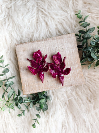 Wine Colored Acrylic Floral Shaped Statement Earrings