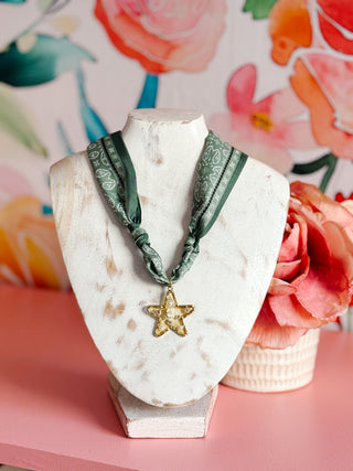 Celeste Green Scarf Necklace with Gold Star Pendant