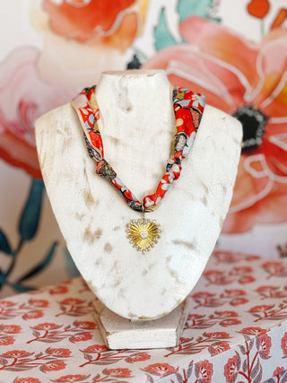 Valencia Scarf Necklace - Red Floral Scarf with Heart Pendant