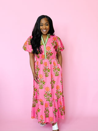Emerson Dress - THML Hot Coral Pink Midi with Floral Print