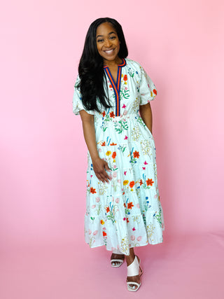 Flora Dress by THML - Light Blue Floral Midi Dress with Contrasting Stripe V Neckline