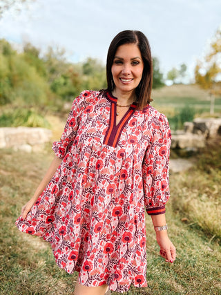Fabiana Dress - Red, Berry, and Rust Floral Fall Mini Dress