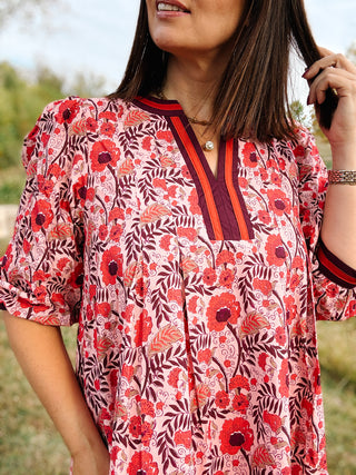 Fabiana Dress - Red, Berry, and Rust Floral Fall Mini Dress
