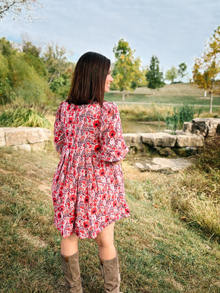 Fabiana Dress - Red, Berry, and Rust Floral Fall Mini Dress