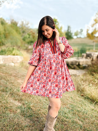 Fabiana Dress - Red, Berry, and Rust Floral Fall Mini Dress