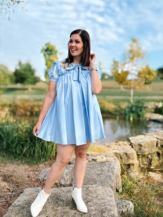 Maddie Dress - Baby Blue Mini Dress with Floral Embroidery