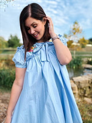 Maddie Dress - Baby Blue Mini Dress with Floral Embroidery