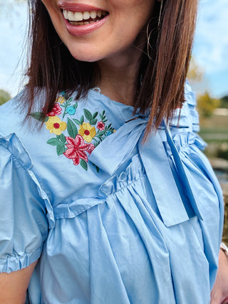 Maddie Dress - Baby Blue Mini Dress with Floral Embroidery