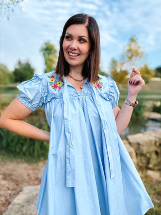 Maddie Dress - Baby Blue Mini Dress with Floral Embroidery