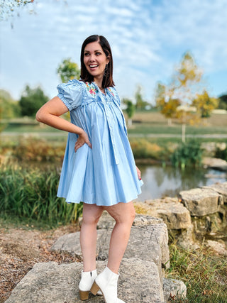 Maddie Dress - Baby Blue Mini Dress with Floral Embroidery