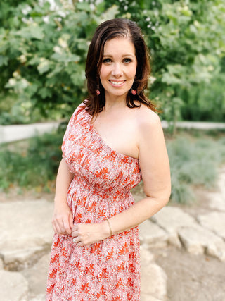 Brielle Dress by THML - Floral One Shoulder Midi Dress in Pinks and Rusty Reds