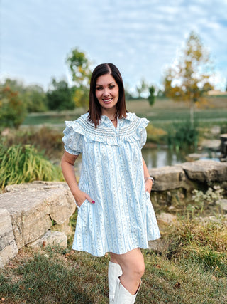 Woman in a light blue floral stripe mini dress with peterpan collar standing outdoors with a scenic background