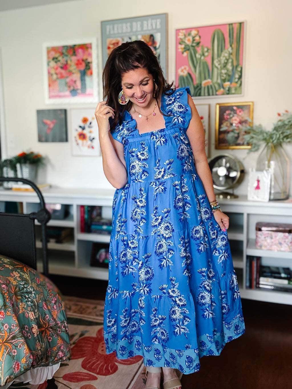 Blue Floral Ruffle Strap Maxi Dress by THML