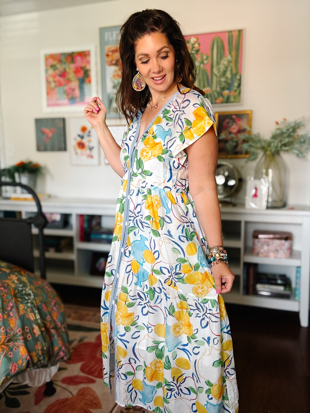 Lemon Print Button Front Midi Dress by THML