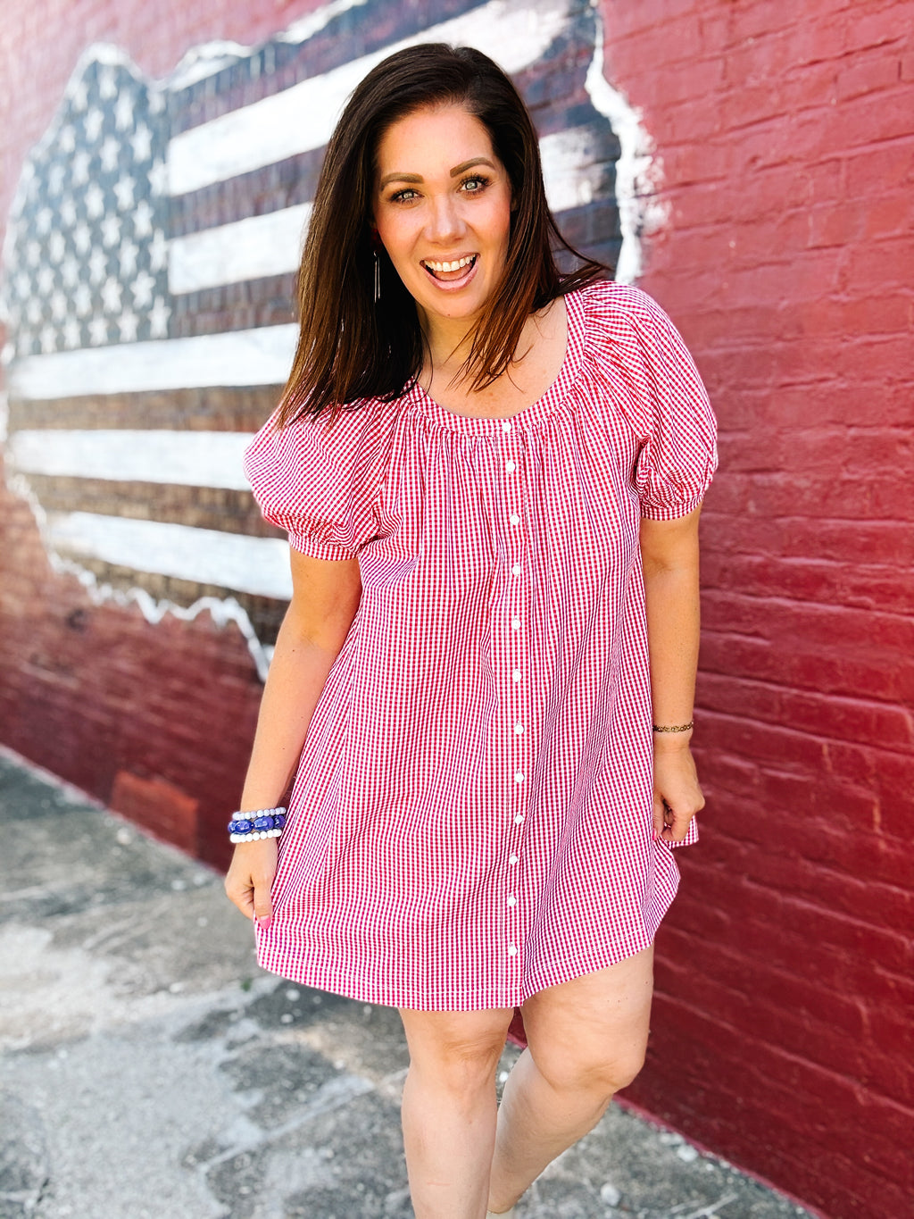 Red Gingham Puff Sleeve Mini Dress for Women