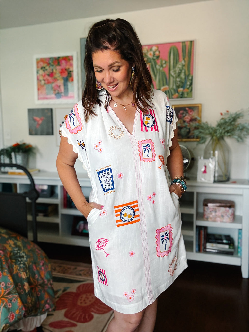 thml embroidered dress White Shift with Pockets by color:Dark denim beaded mother dress this dress features delicate Stepping into Summer with