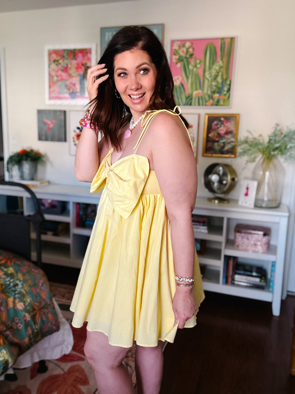 Yellow Bow Front Babydoll Mini Dress