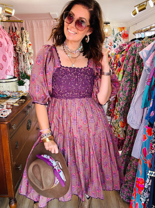Sister Mary Sierra Dress by Ivy Jane - Brown Midi with Plum/Pink Floral and Embroidery