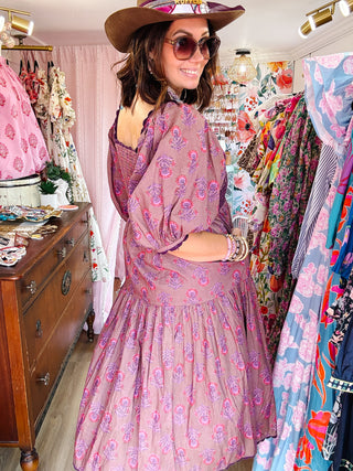 Sister Mary Sierra Dress by Ivy Jane - Brown Midi with Plum/Pink Floral and Embroidery