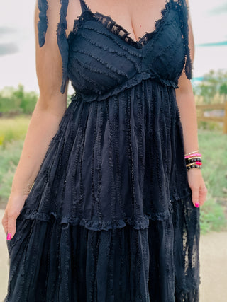 Trisha Dress - Black Ruffled Swiss Dot Midi Dress