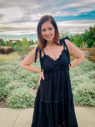 Trisha Dress - Black Ruffled Swiss Dot Midi Dress