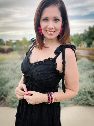 Trisha Dress - Black Ruffled Swiss Dot Midi Dress