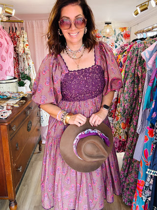 Sister Mary Sierra Dress by Ivy Jane - Brown Midi with Plum/Pink Floral and Embroidery