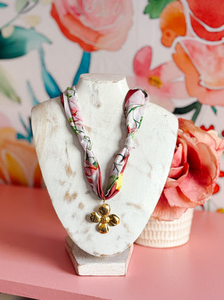 Pale Pink and Deep Rust Floral Scarf with Gold Plated Flower Pendant