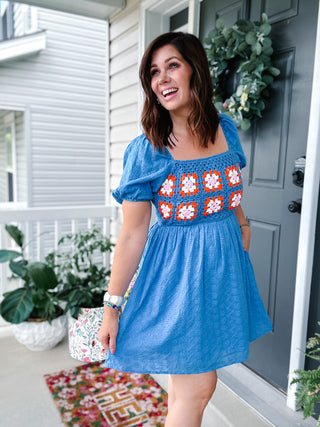 Karlie Crochet Trimmed Puff Sleeve Mini Dress
