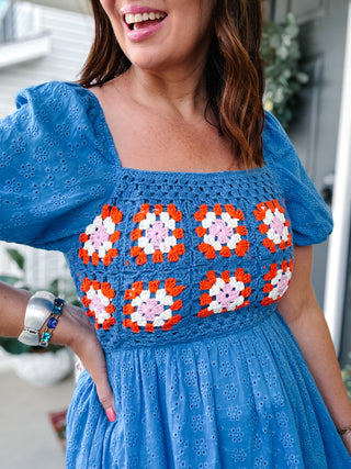 Karlie Crochet Trimmed Puff Sleeve Mini Dress