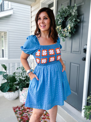 Karlie Crochet Trimmed Puff Sleeve Mini Dress