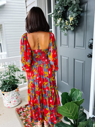 Karlie Floral Chiffon Smocked Maxi Dress Blue