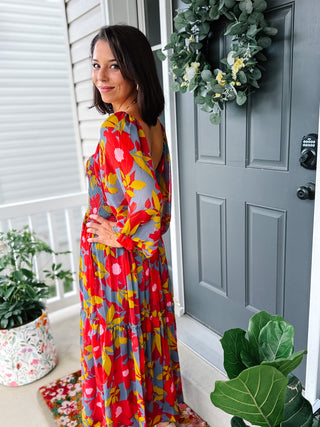 Karlie Floral Chiffon Smocked Maxi Dress Blue