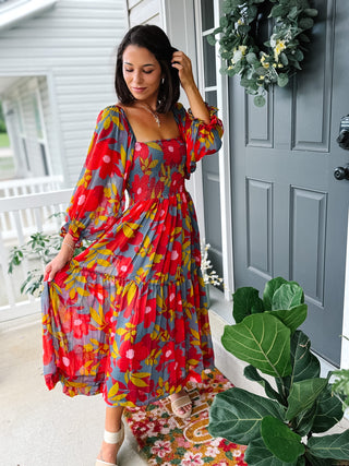 Karlie Floral Chiffon Smocked Maxi Dress Blue