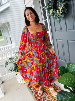 Karlie Floral Chiffon Smocked Maxi Dress Blue