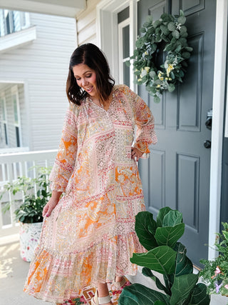 Karlie Paisley Chiffon Ruffle Midi Dress