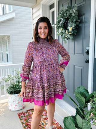 Karlie Chiffon Floral Smock Neck Metallic Thread Dress