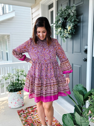 Karlie Chiffon Floral Smock Neck Metallic Thread Dress