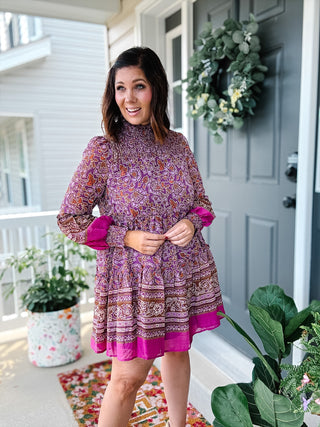 Karlie Chiffon Floral Smock Neck Metallic Thread Dress