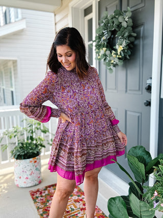 Karlie Chiffon Floral Smock Neck Metallic Thread Dress