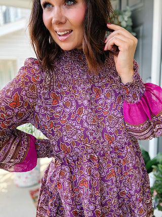 Karlie Chiffon Floral Smock Neck Metallic Thread Dress