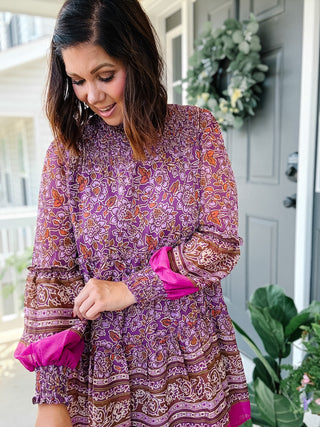 Karlie Chiffon Floral Smock Neck Metallic Thread Dress