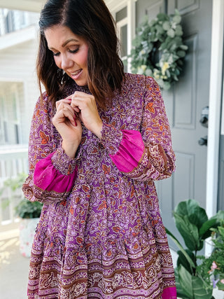 Karlie Chiffon Floral Smock Neck Metallic Thread Dress