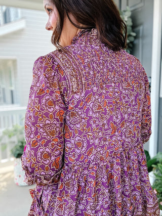 Karlie Chiffon Floral Smock Neck Metallic Thread Dress