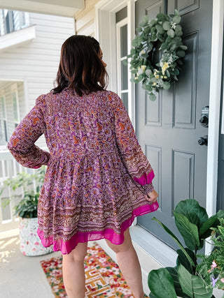 Karlie Chiffon Floral Smock Neck Metallic Thread Dress