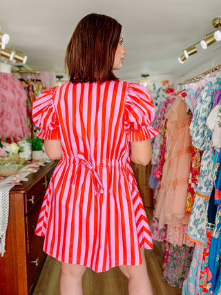 Delaney Dress by Karlie - Red and Pink Puff Sleeve Striped Mini Dress
